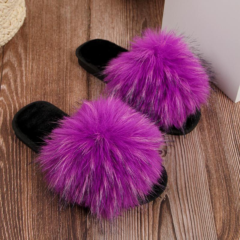 Fashion Slippers for Women Slides Long Plush Flat Low Heels Shoes Woman Peep Toe Solid Warm Fur Women Slippers Plus Size