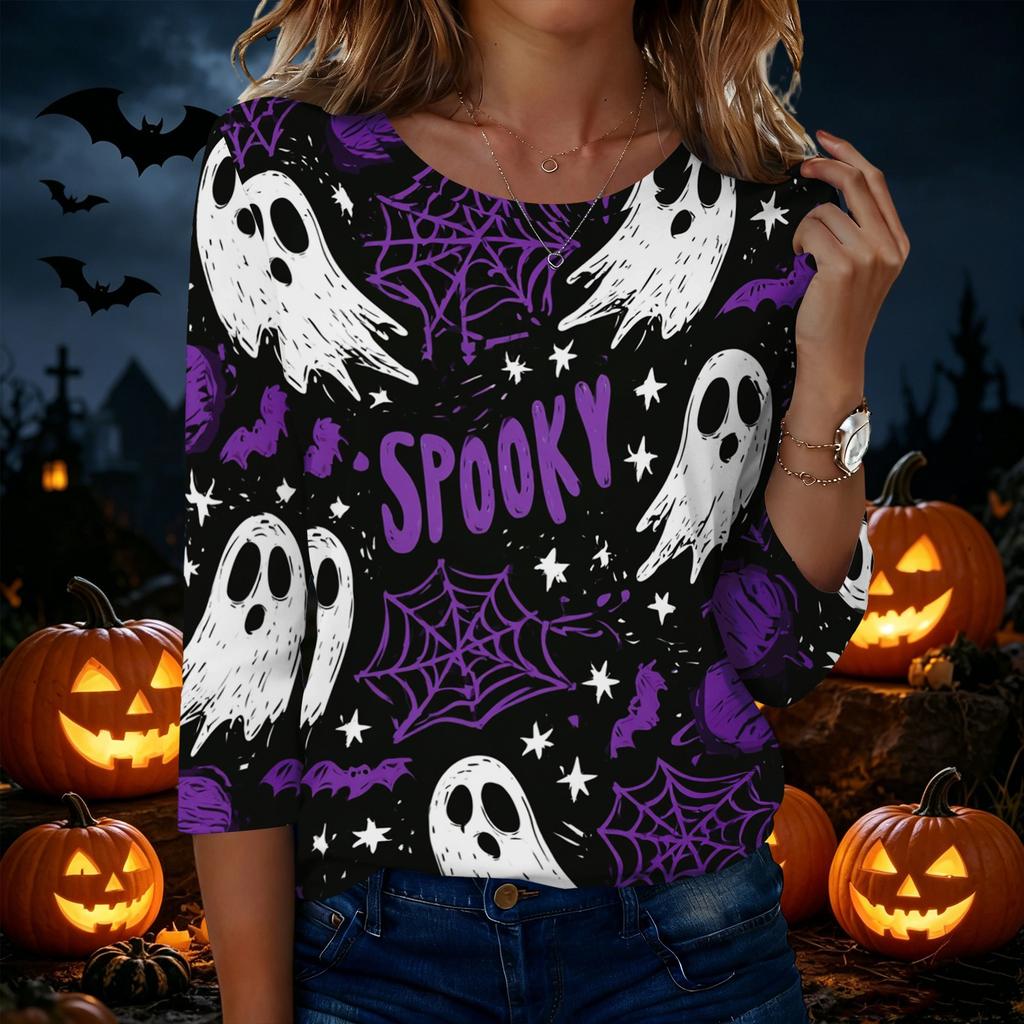Women's Casual Halloween Print Round Neck Three Quarter Sleeve T Shirt Top Lightweight Comfortable Fit