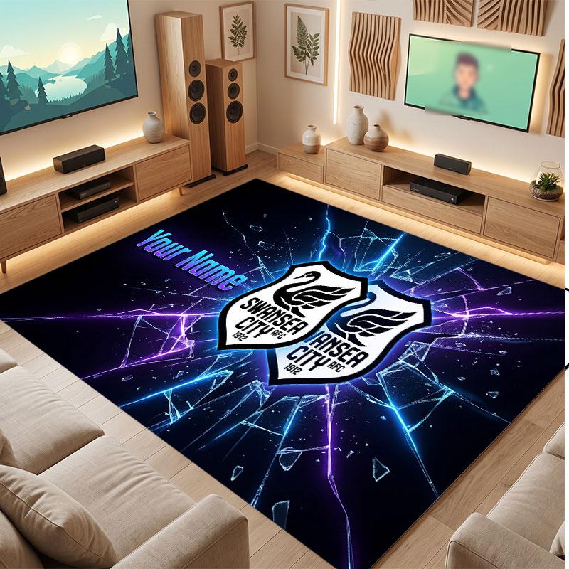 Swansea City FC Custom Crystal Velvet Rug, Personalized Name Text Print, Football Logo Soft Non‑Slip Floor Mat Home Decor Gift