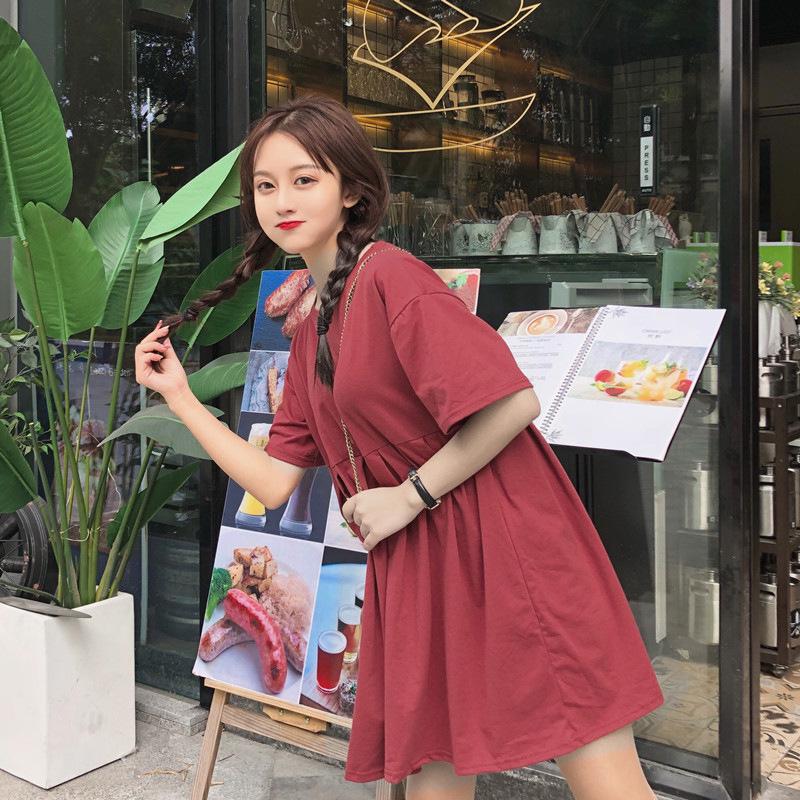 Maternity Summer Babydoll Dress - Short Sleeve, Mid-Length, Korean Style, Loose Fit, Plus Size, Round Neck Skirt