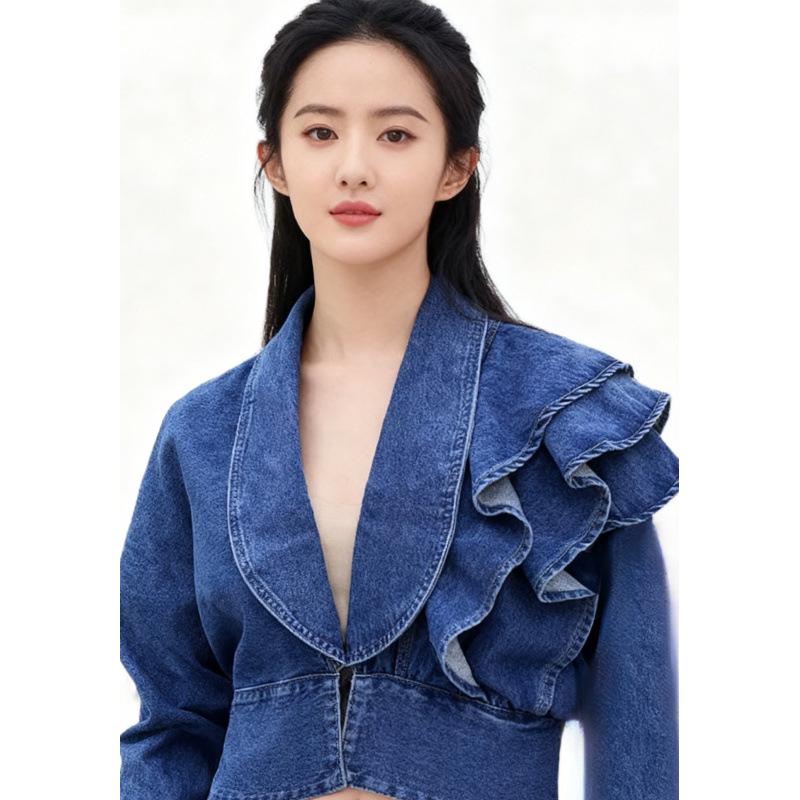 Korean-Style Ruffle Slim-Fit V-Neck Denim Jacket