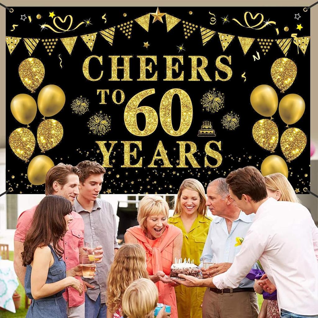 Trgowaul 60th Birthday/Anniversary/Wedding Decorations for Women Men, Cheers to 60 Years Banner, Black and Gold 60th Birthday Backdrop, 60 Bday