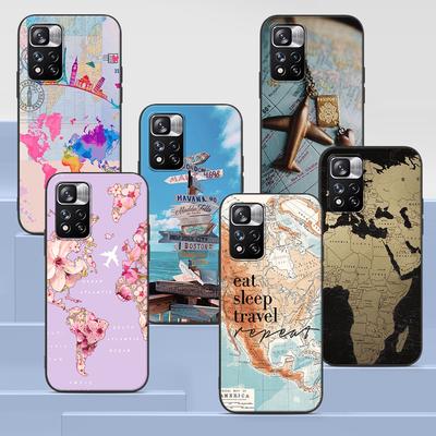 Wereldkaart Reiskoffer voor Xiaomi Redmi Note 9S 9 8 10 11 Pro 9C 9A 7 8T 7A 8A 6A 6 10S Zwart Zacht Siliconen Telefoonhoesje Coque