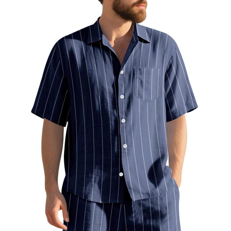 Linen Jacquard Shirt with Vertical Stripes Men's Collared Button-Down Loose-Fitting, Breathable Casual Short-Sleeved Shirt