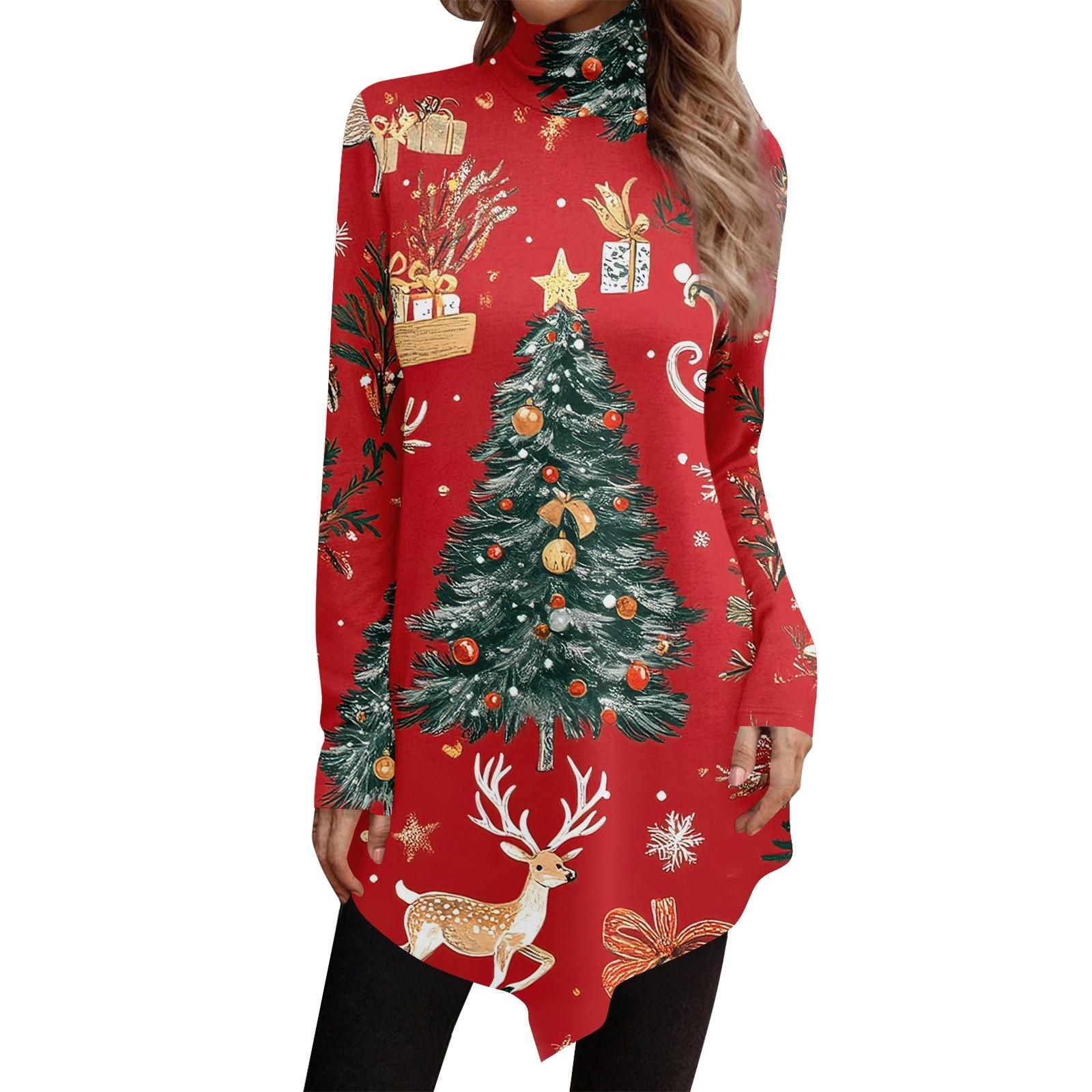 Повседневная мода Рождественский принт Рубашка Топы Высокий ворот Неровный подол Длинный — фото 9