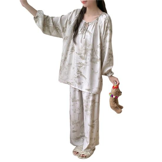 

Хлопковый пижамный комплект для женщин с длинным рукавом, с принтом, домашняя одежда, повседневные пижамные брюки