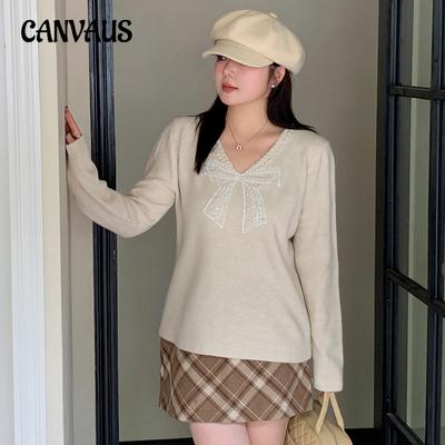 Women's Plus Size Pearl Bow Tops Autumn and Winter Sweater Loose Knitwear