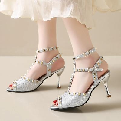 Fashion 2025 Summer Ankle-wrap Women's Modern Sandals Print Rivet Buckle Strap Dress Sandals Thin Heels Peep Toe Shoes Party Outfits