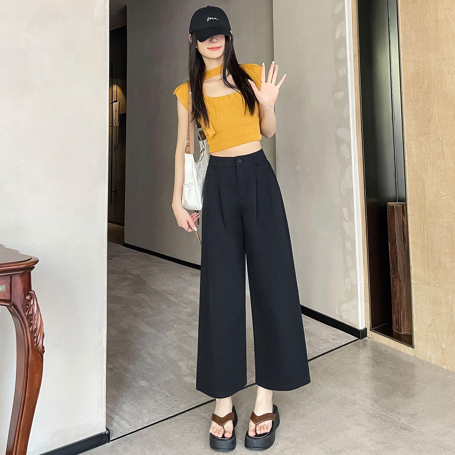 

Women s Retro Washed Wide Leg Cotton Pants - Petite, Elastic High Waist, Loose Drapey Nine-Point Style for Autumn and Spring. XL