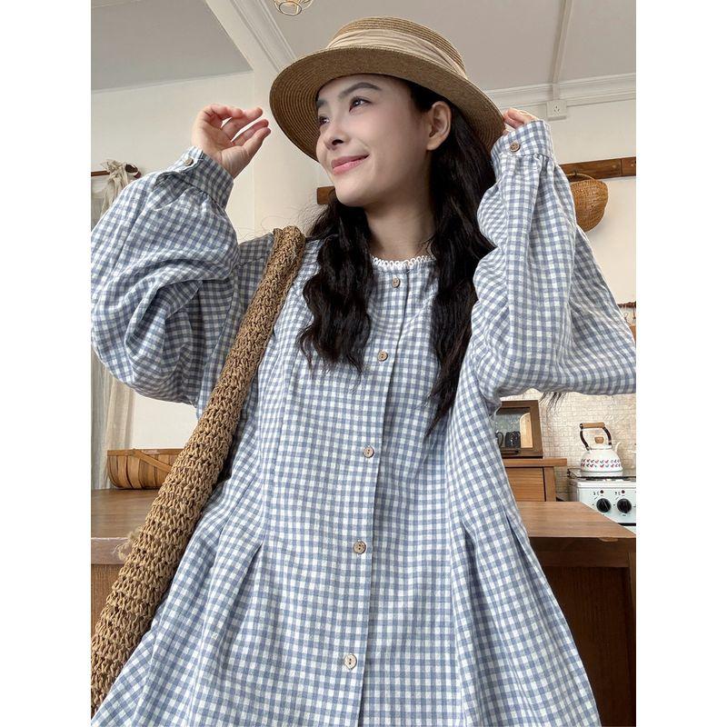 Plus-Size Women's Clothing 2026 Spring New Style Japanese-Style Lace Collar Loose Slimming Youthful Plaid Shirt Top
