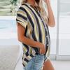 Women Casual Stripe Print V-neck Pocket Short  Sleeve Tops Blouse T-shirt