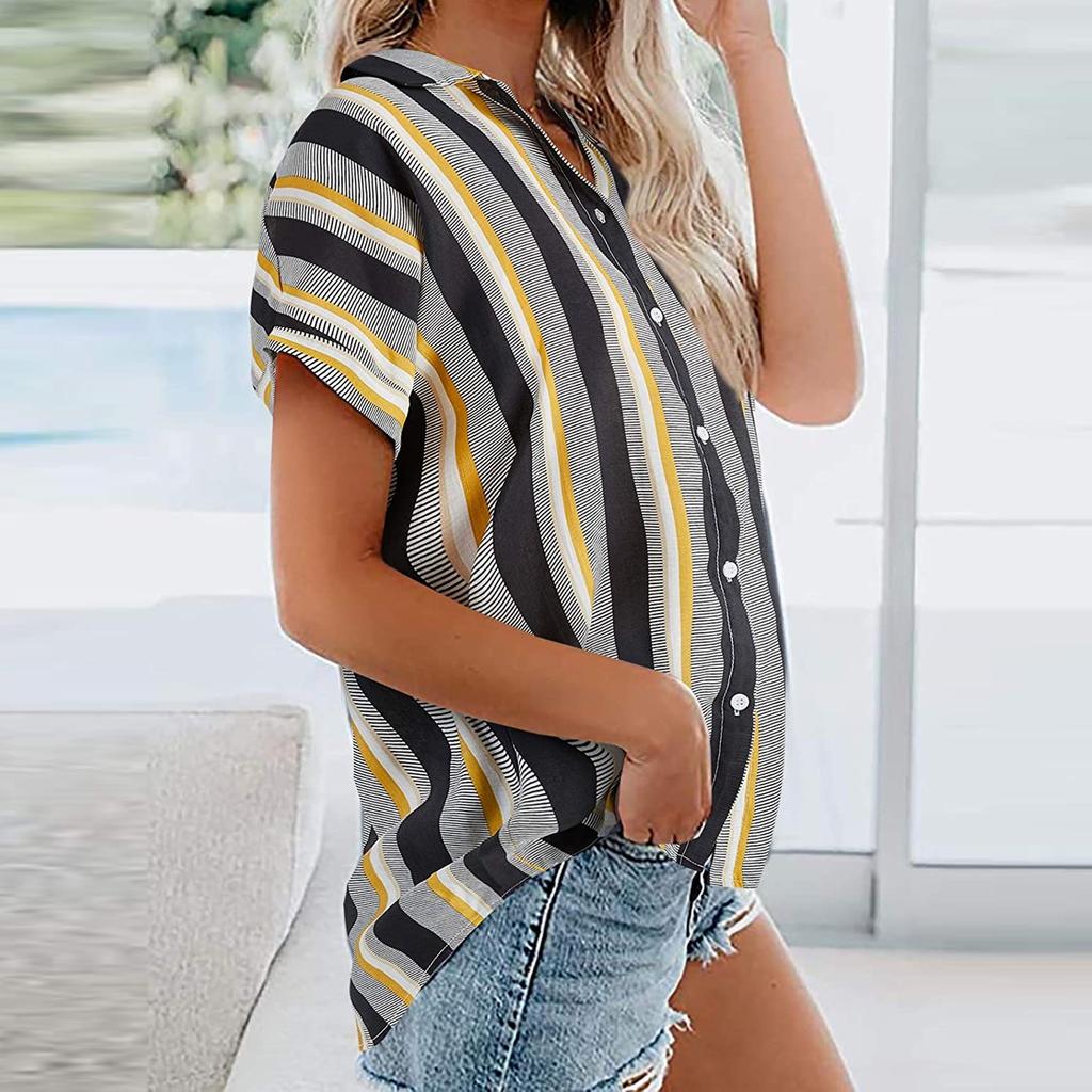 Women Casual Stripe Print V-neck Pocket Short  Sleeve Tops Blouse T-shirt