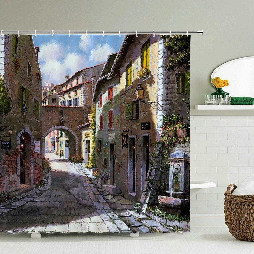Town Street Scenery Shower Curtains Home Decor Polyester Fabric Bathroom Shower Curtains Oil Painting Waterproof Bath Curtains
