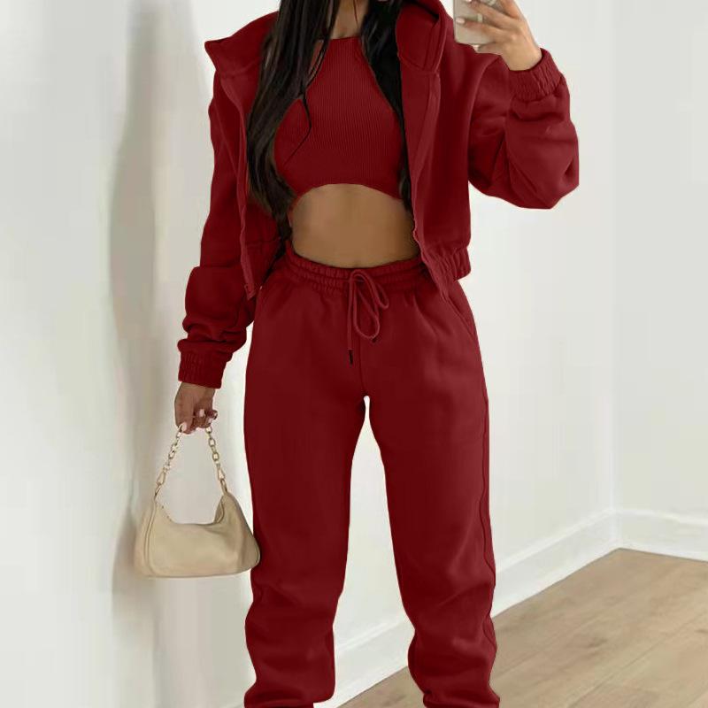 Spring and Autumn New Women's Clothing Solid Color, Simple Hooded Sweatshirt, Sports Casual Pants Three Piece Set
