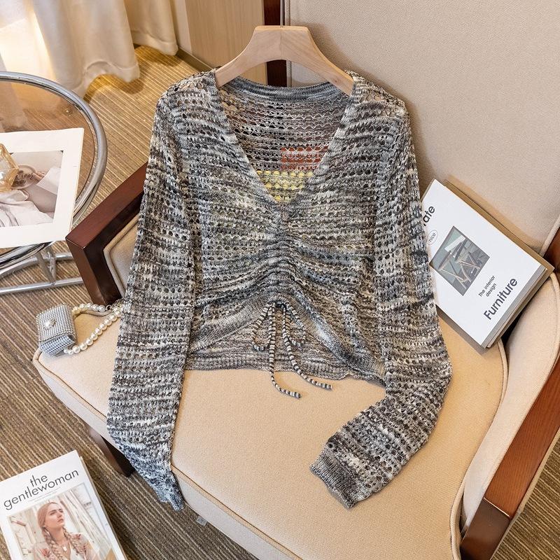 

Spring and Autumn drawstring lace-up design sense long-sleeved knitted sweater niche summer fashion outer V-neck hollow blouse top Average size 54-192 сірий колір