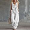 Women's Cotton Linen Two-Piece Outfit Set Sleeveless Top and Long Pants Casual Color