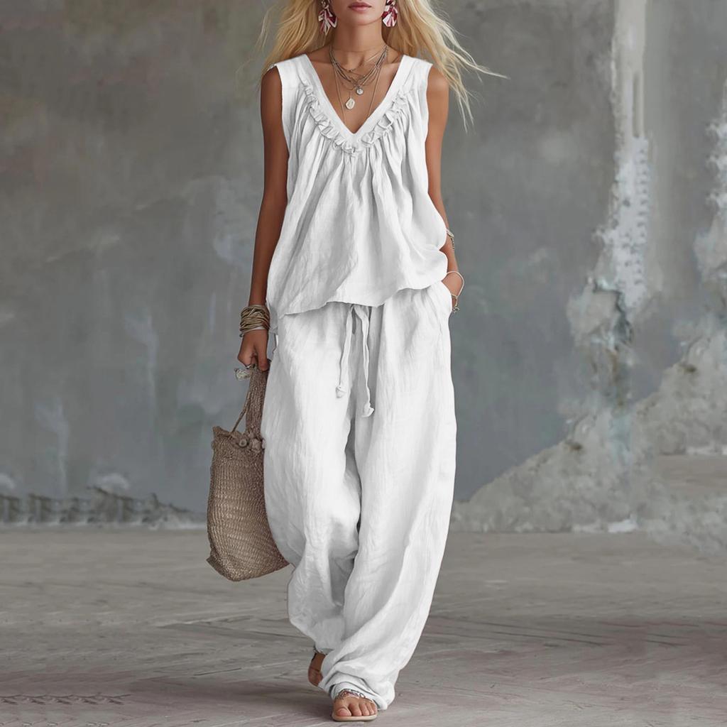 Women's Cotton Linen Two-Piece Outfit Set Sleeveless Top and Long Pants Casual Color