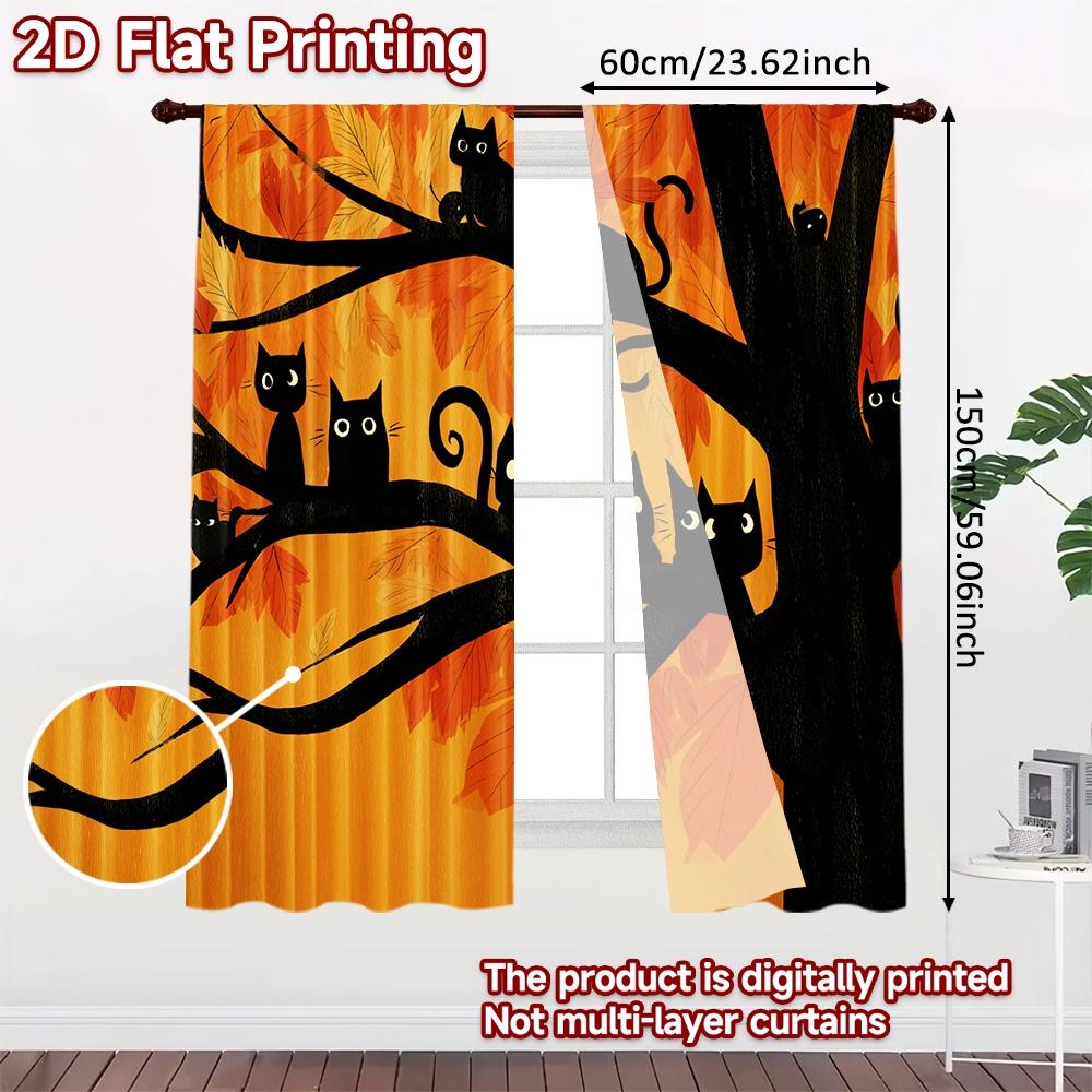 2D FLAT PRINTING 2pcs Curtains (Without Rod) Halloween Black Cats in Tree Ramadan holiday curtains Polyester Curtains