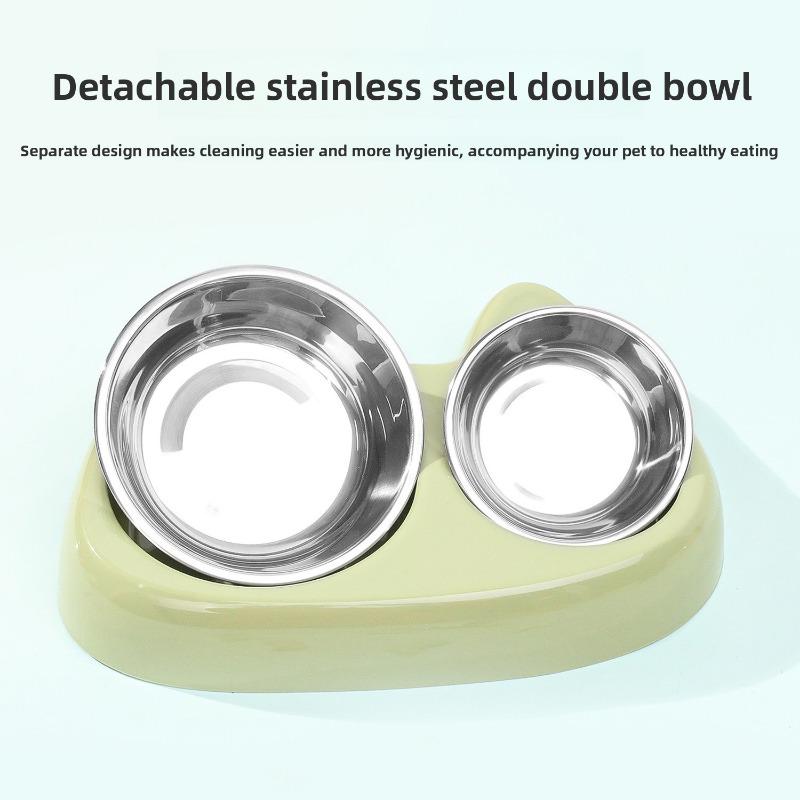 Cat Bowl, Anti-choking Slow Food Cartoon Size Cat Eye Double Bowl, Anti-slip and Easy-to-clean Stainless Steel Dog Bowl and Cat Drinking Bowl