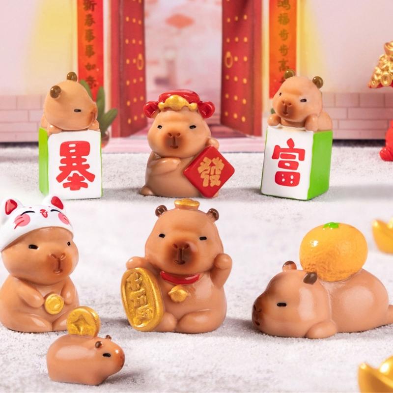 Miniature Capybara Figurines Set of 7 Tiny Resins Animals Statues for New Year or Birthday Decoration Attracting Wealth