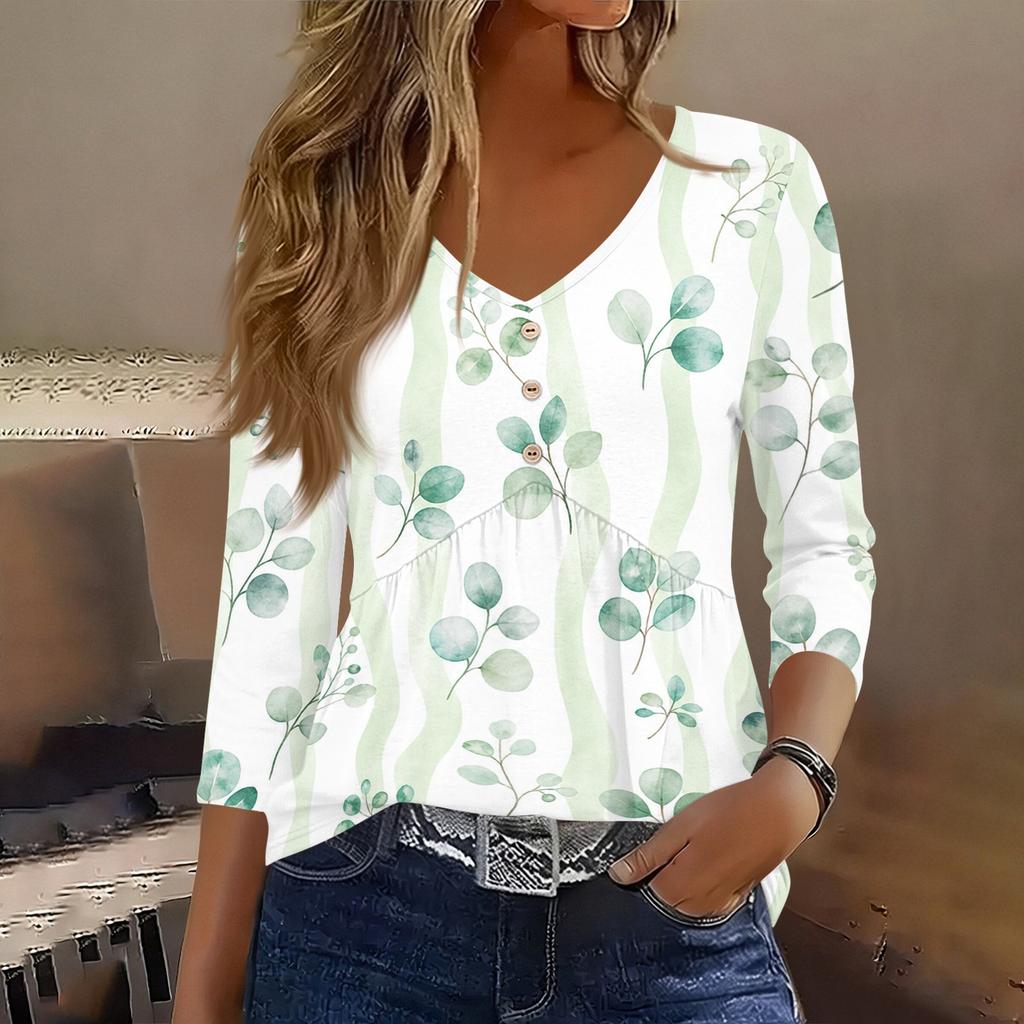 Womens 3/4 Sleeve V Neck Button Detail Floral Print Tunic Top Casual Lightweight Blouse for Daily Wear