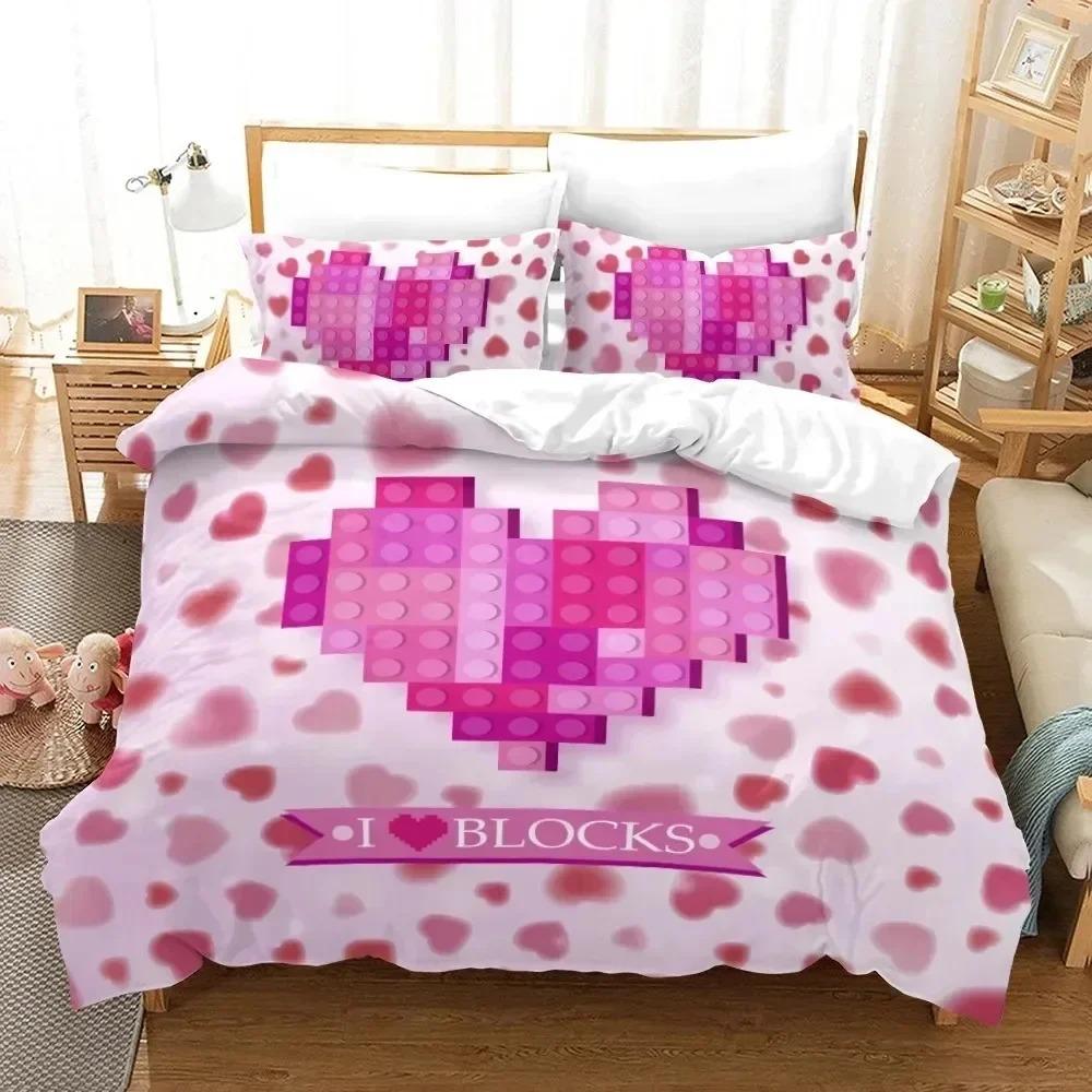Colorful Toy King Queen Duvet Cover 3D Building Block Pattern Bedding Set Fun Brick Quilt Cover Gradient Rainbow Comforter Cover
