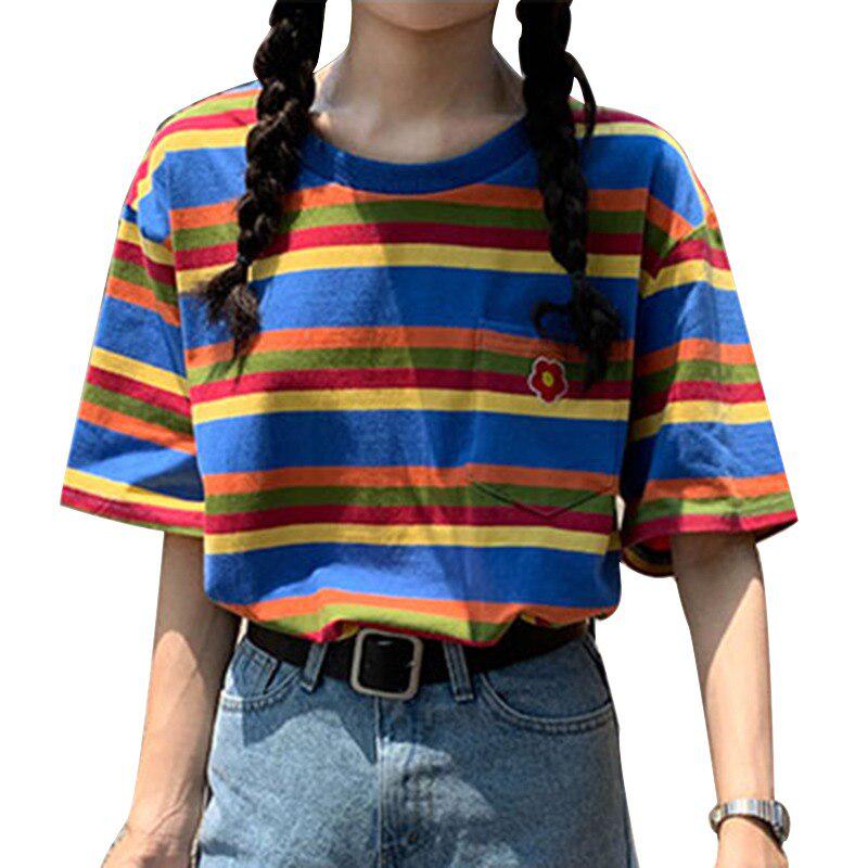 

Женская модная летняя повседневная футболка с коротким рукавом и круглым вырезом в радужную полоску с цветочным принтом, свободная футболка XXL синий