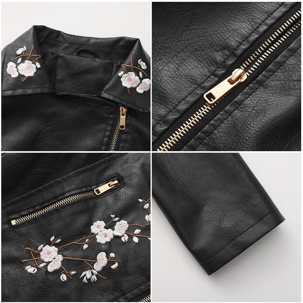 Women’s Faux Leather Jackets Embroidered Flower PU Bomber Coat Diagonal Zipper Outer Wear Autumn Winter Spring Motorcycle Biker Jacket