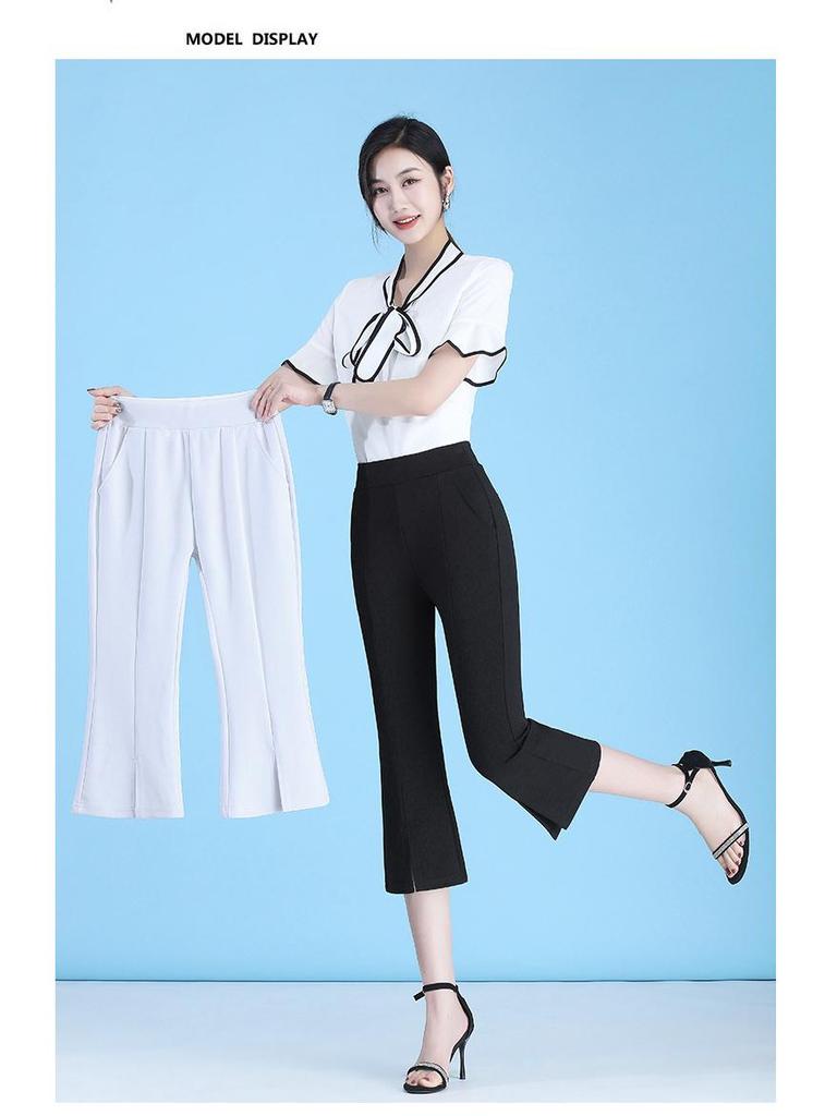 Women's High Waist Lace Flare Pants - White, Elastic, Plus Size, Slimming, Casual, Thin, Seven-Point Length, Summer Style