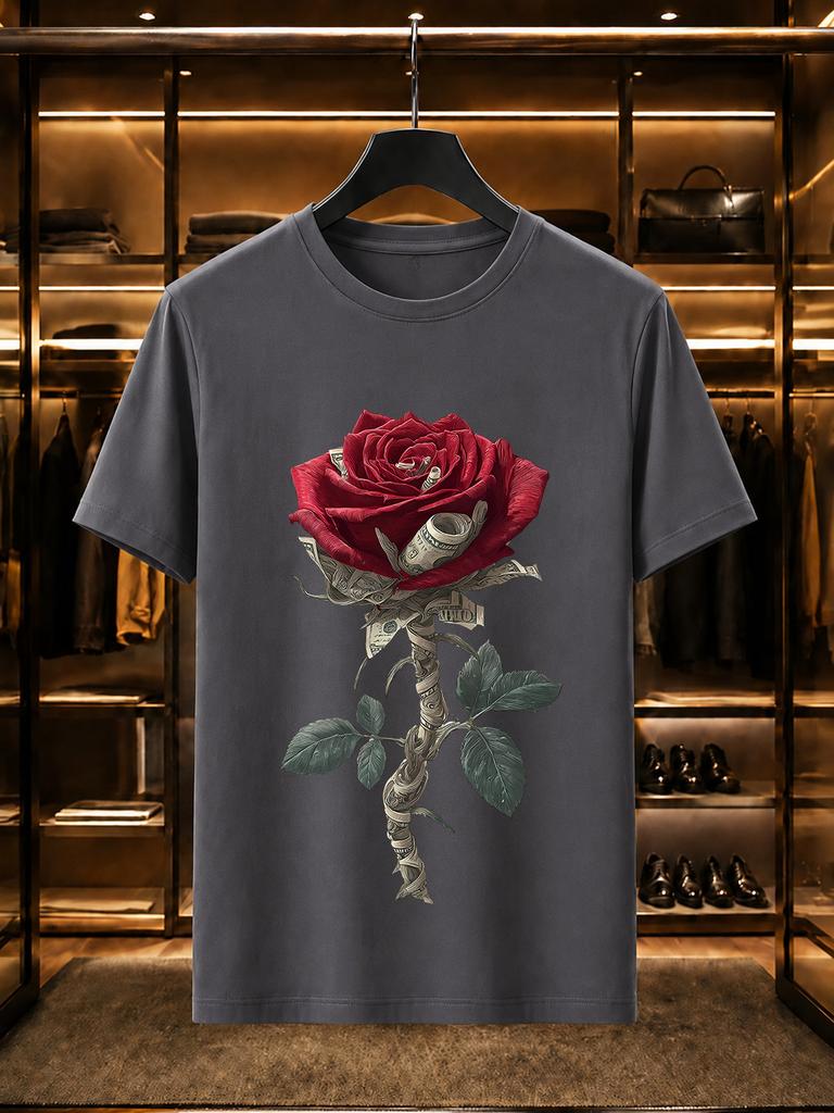 2026 New 100 Cotton Tshirt Realistic Red Rose Wrapped With Dollar Bills Print Luxury Casual Short Sleeve