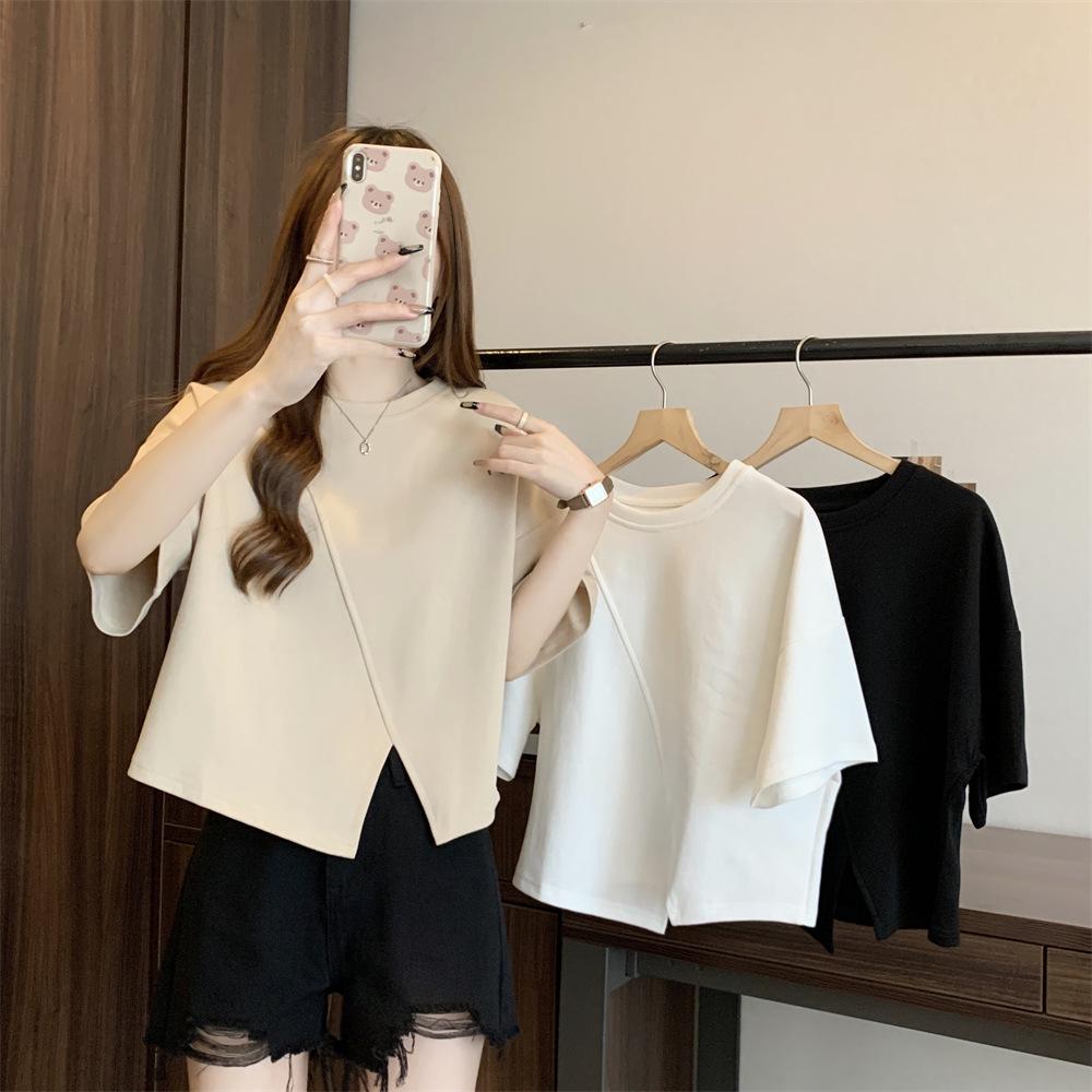 Women's Korean-Style Irregular Hem Short Sleeve T-Shirt - Trendy Summer Loose Fit Niche Design