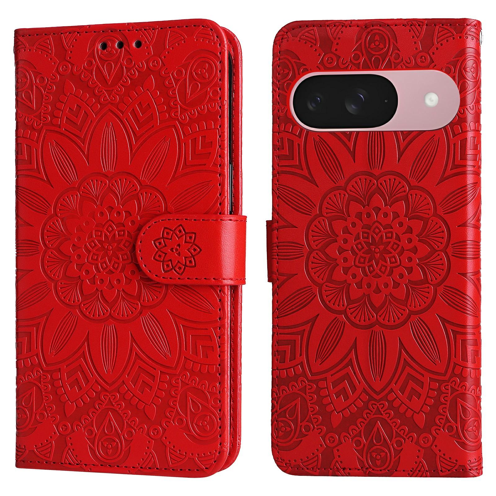 

For Google Pixel 9a Case Sunflower Imprint Leather Wallet Phone Cover Red