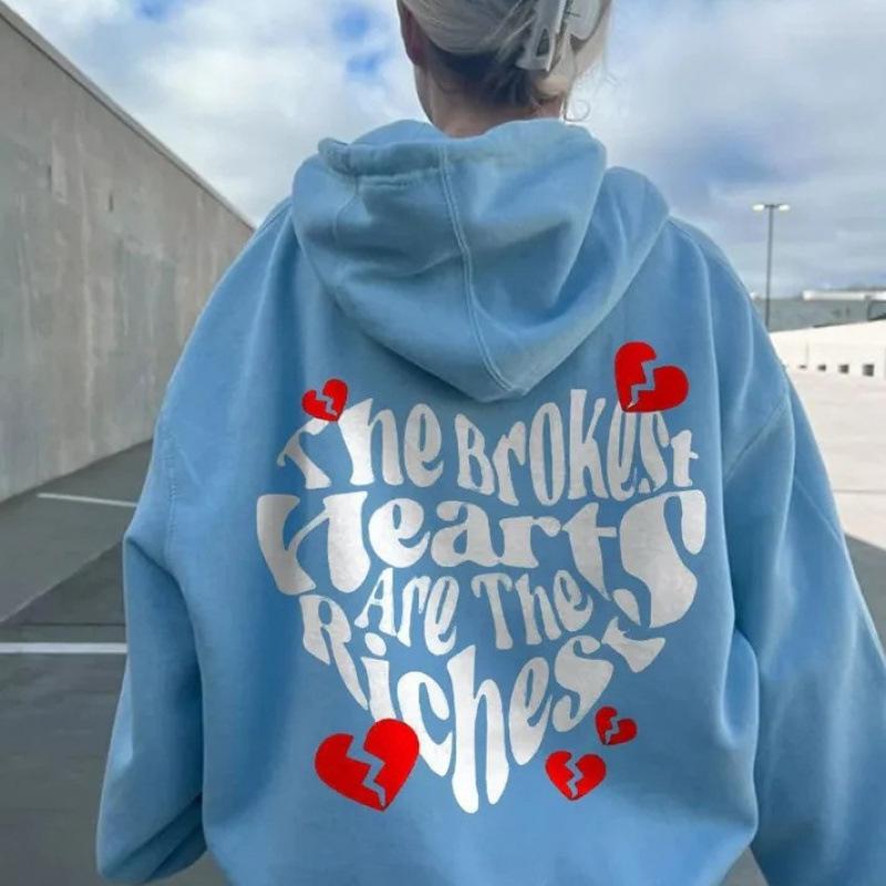 2025 New European Women's Drop Shoulder Ribbed Hoodie Sweatshirt with Print