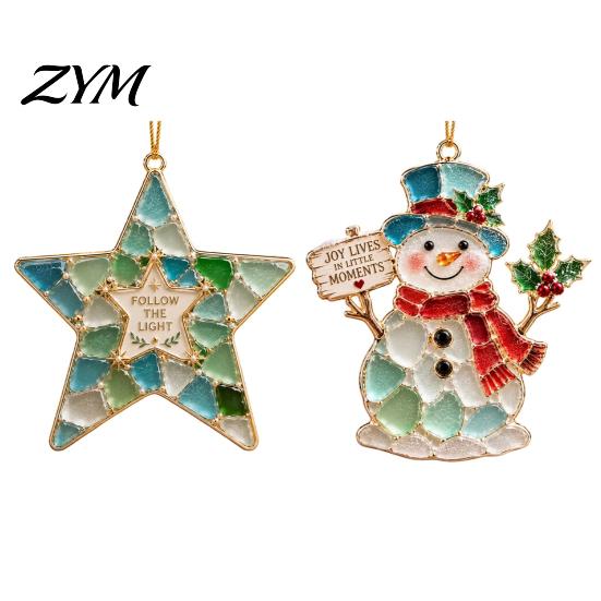 Coastal Style Holiday Decor 2Pcs Sea Glass Christmas Ornament, Seaglass Heart Bird Angel Tree Star Party Decoration Snowman Pendant, Handmade