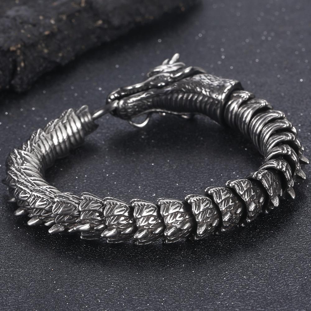 Vintage Animal Jewelry Dragon Body Chain Bracelet Men Solid Stainless Steel Men's Bracelets with Green Eyes Wrist Accessories