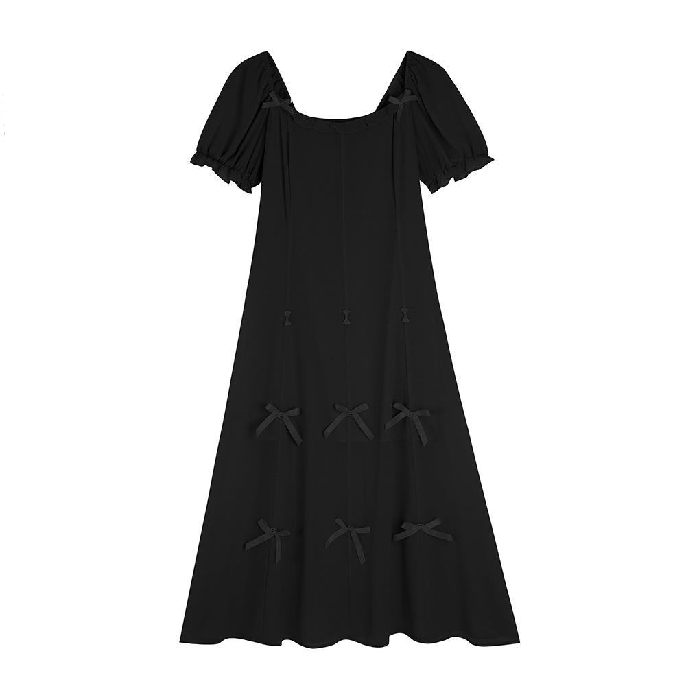 

Korean Style Elegant Bow Chiffon Square Neck Plus Size Slimming Waist Dress 4XL (180-200 kg) чёрный