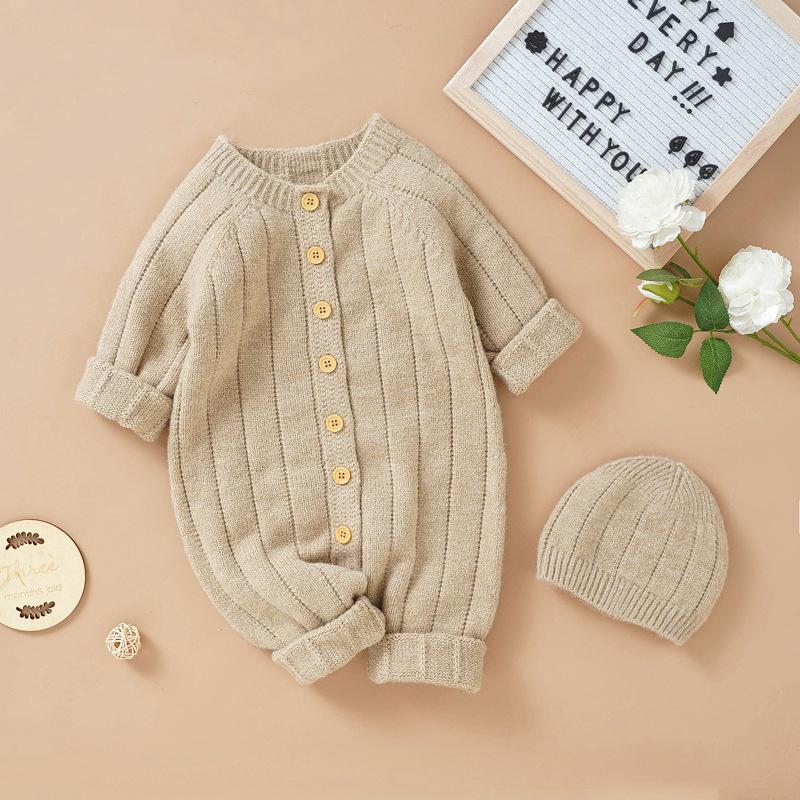 

Осенне-зимний детский комбинезон, шапки, комплект, однотонный вязаный комбинезон, мягкий, без косточек, боди для мальчиков и девочек, ползающий костюм, одежда для младенцев 62cm бежевый
