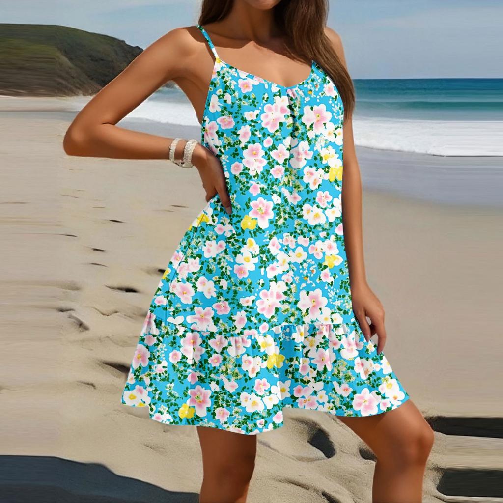 Women's Fashion Casual Sleeveless Round Neck Loose Floral Print Beach Dress