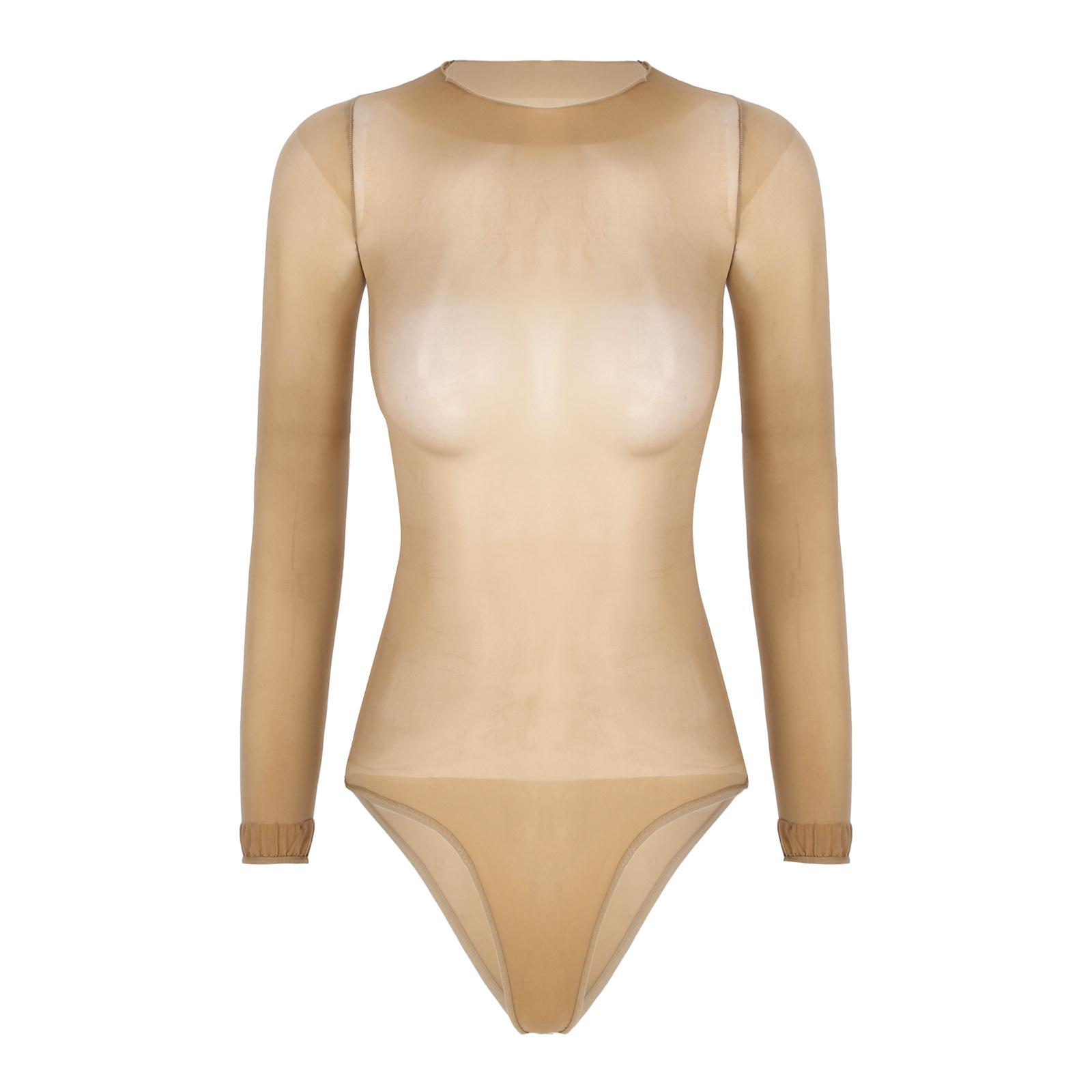 

Женский полупрозрачный боди с длинным рукавом и круглым вырезом, глянцевый купальник, ночная одежда, купальники One Size кофейный