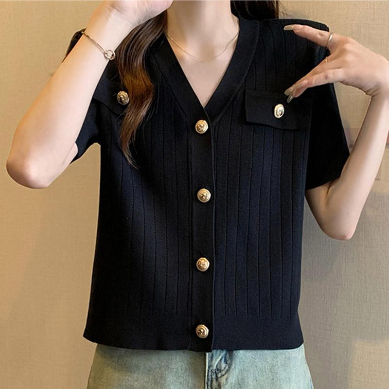 Women Sweaters Cardigans 2025 Summer Short Sleeve V-Neck White Knitted Black Sweater Women Tops Cardigan JJ237