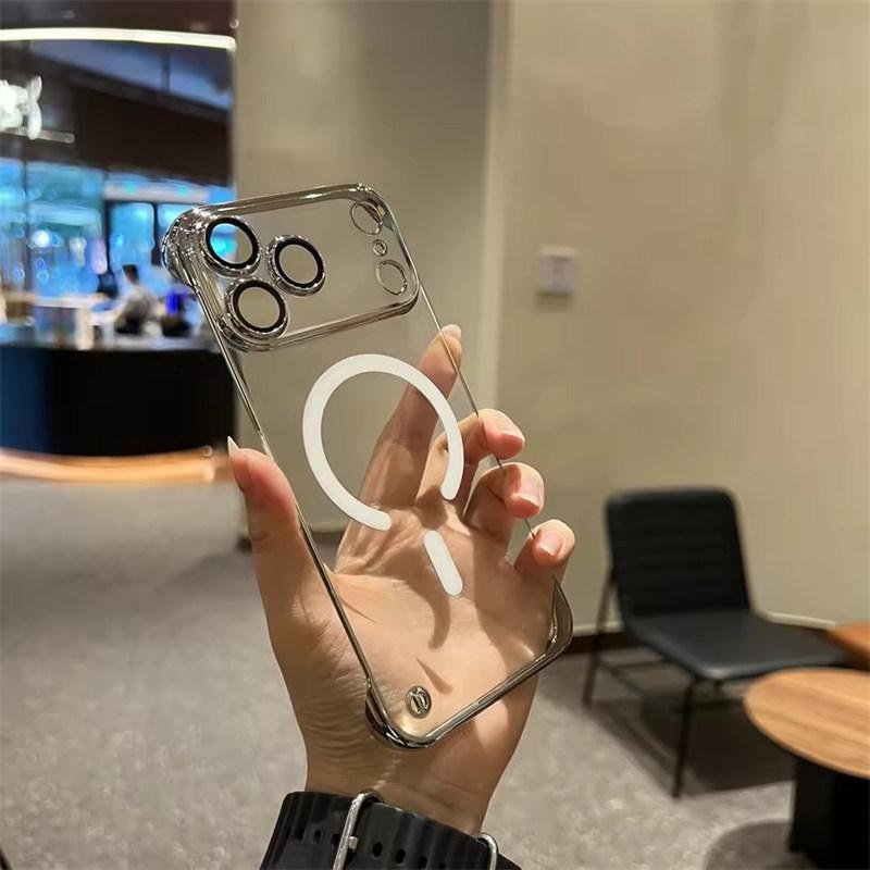 

Безрамочный чехол для iPhone 17 Pro Max Чехол для беспроводной зарядки Air Magsafe для iPhone11 12 13 14 15 16 Pro Max Ультратонкая накладка с гальваническим покрытием из ПК iPhone 11 серебряный