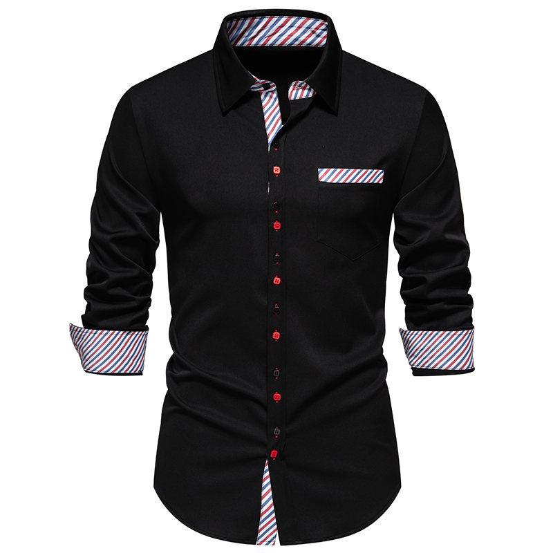 Spring Summer Triangle Collar Striped Color Blocked Men's Long Sleeved Shirt Top Shirts (men’s)