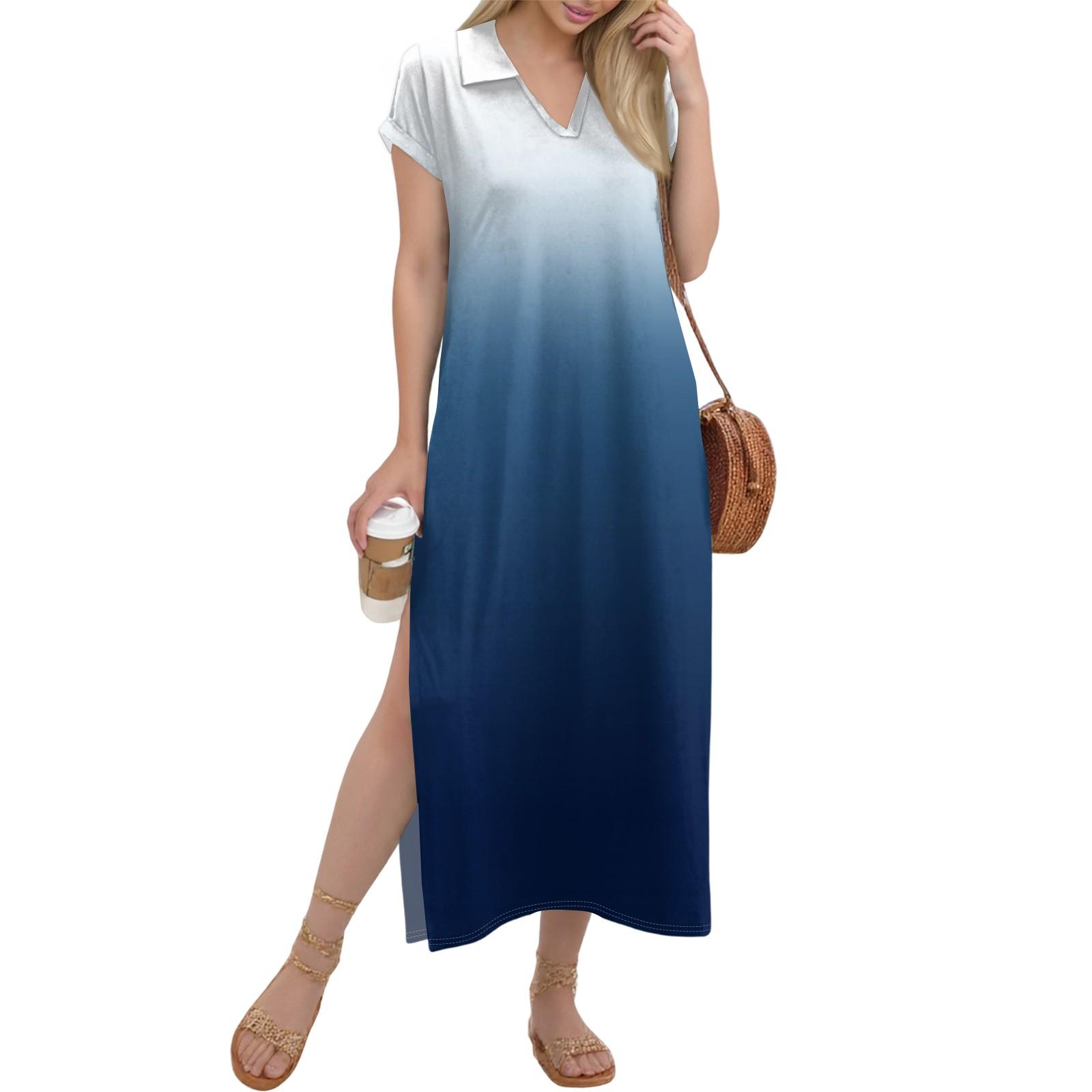 Women s Long Skirt Casual V-neck Long Shirt Dress Loose Slit Holiday Short Sleeve Dress L