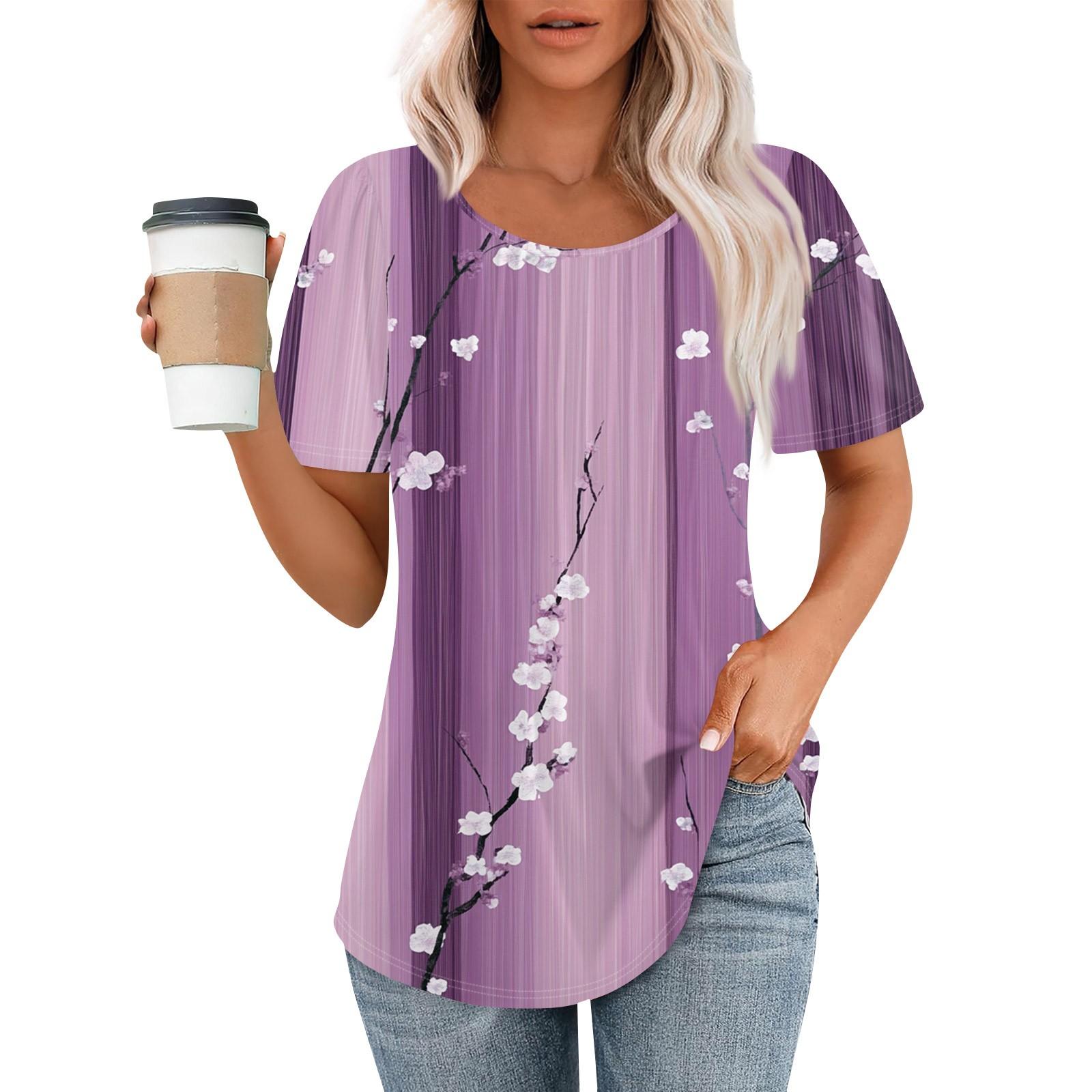 

Женская модная повседневная плиссированная футболка в полоску с круглым вырезом и цветочным принтом с короткими рукавами, топ XL арбуз красный