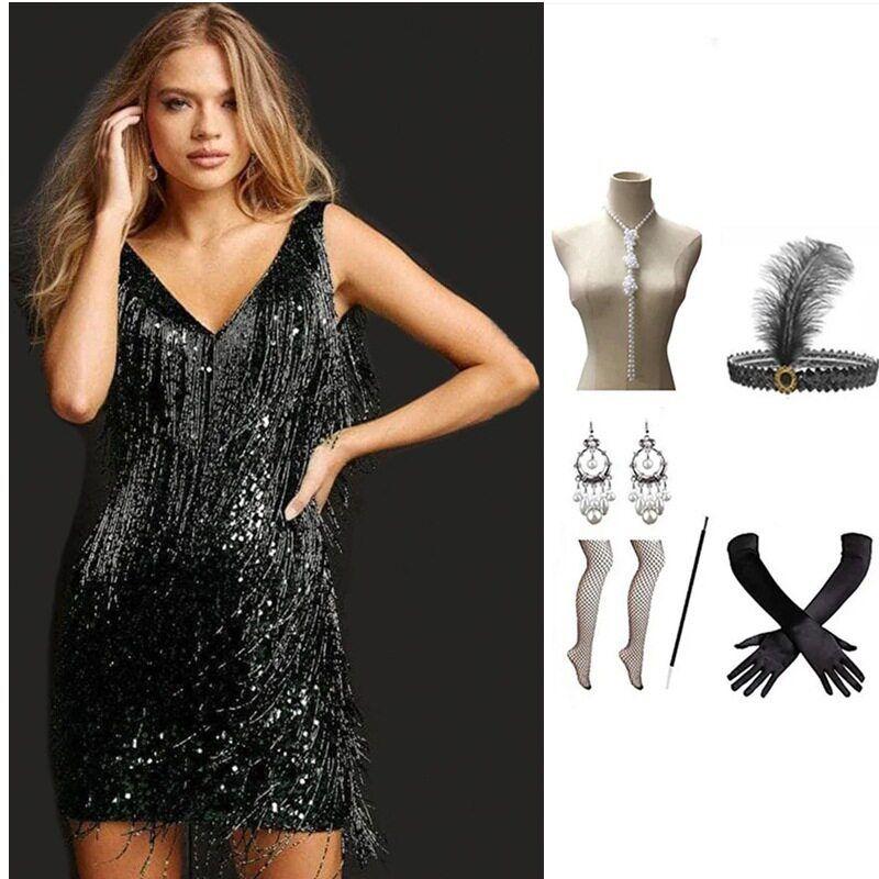 European and American New Style Sequin Dress with Gold Tassels, European and American Dress, Amazon Evening Stage Performance Outfit