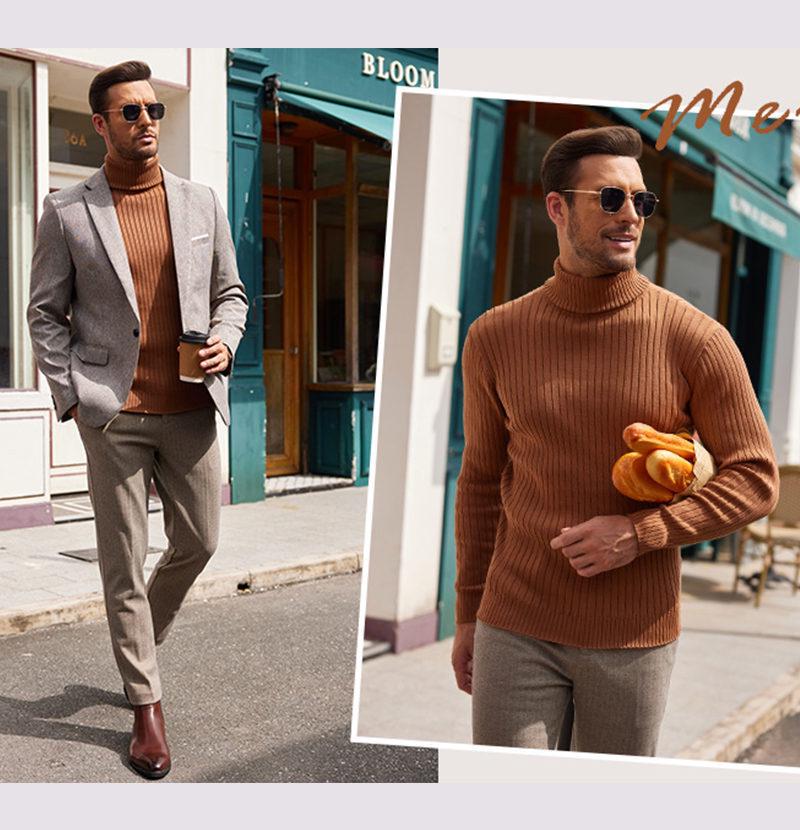 Men's Autumn/Winter Vertical Stripe High Neck Sweater - Slim Fit Warm Pullover Knitwear