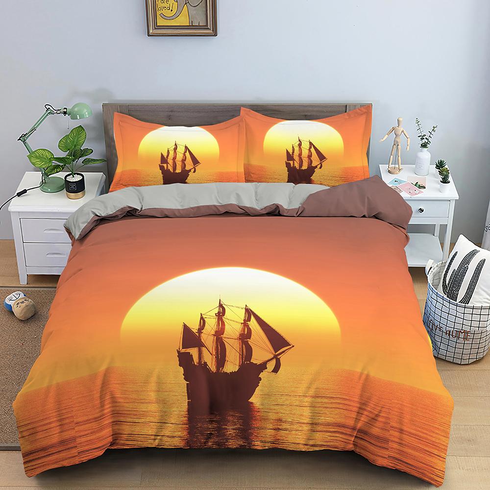 Nautisk Segelbåt Påslakan Queen King Size 3D Oljemålning Båtstil Sängkläder Set Ocean Mjuk 2/3 Delar Polyester Täcke Överdrag