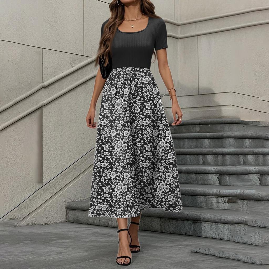 Women's Fashion Casual Short Sleeve Round Neck Splicing Floral Print Elegant Temperament Dress