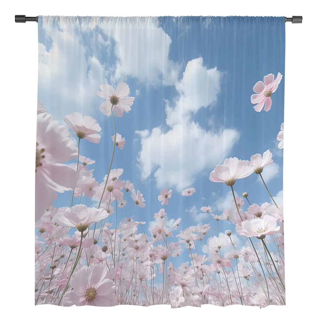 Blue Sky Clouds Flowers Sheer Curtains For Living Room Bedroom Tulle Curtain For Kitchen Voile Curtain Blind Panels