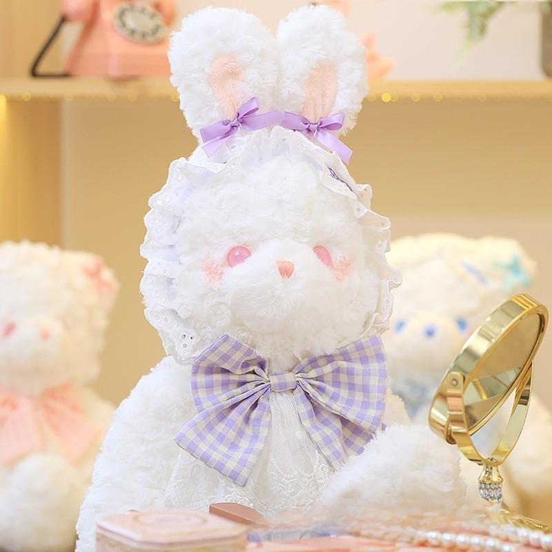 Plush Rabbit Bear Doll With Lace And Checkered Bow Decor For Girls Kids Birthday Gift And Sleep Support